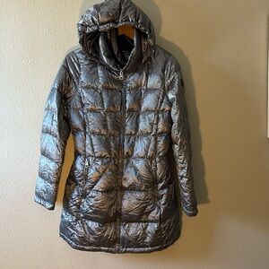 Andrew Marc Down Puffer Jacket Medium Gray Packable Hooded Full Zip Pockets